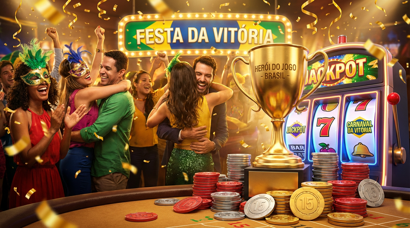 Celebração de vitória no cassino 15win com troféu dourado e confetes